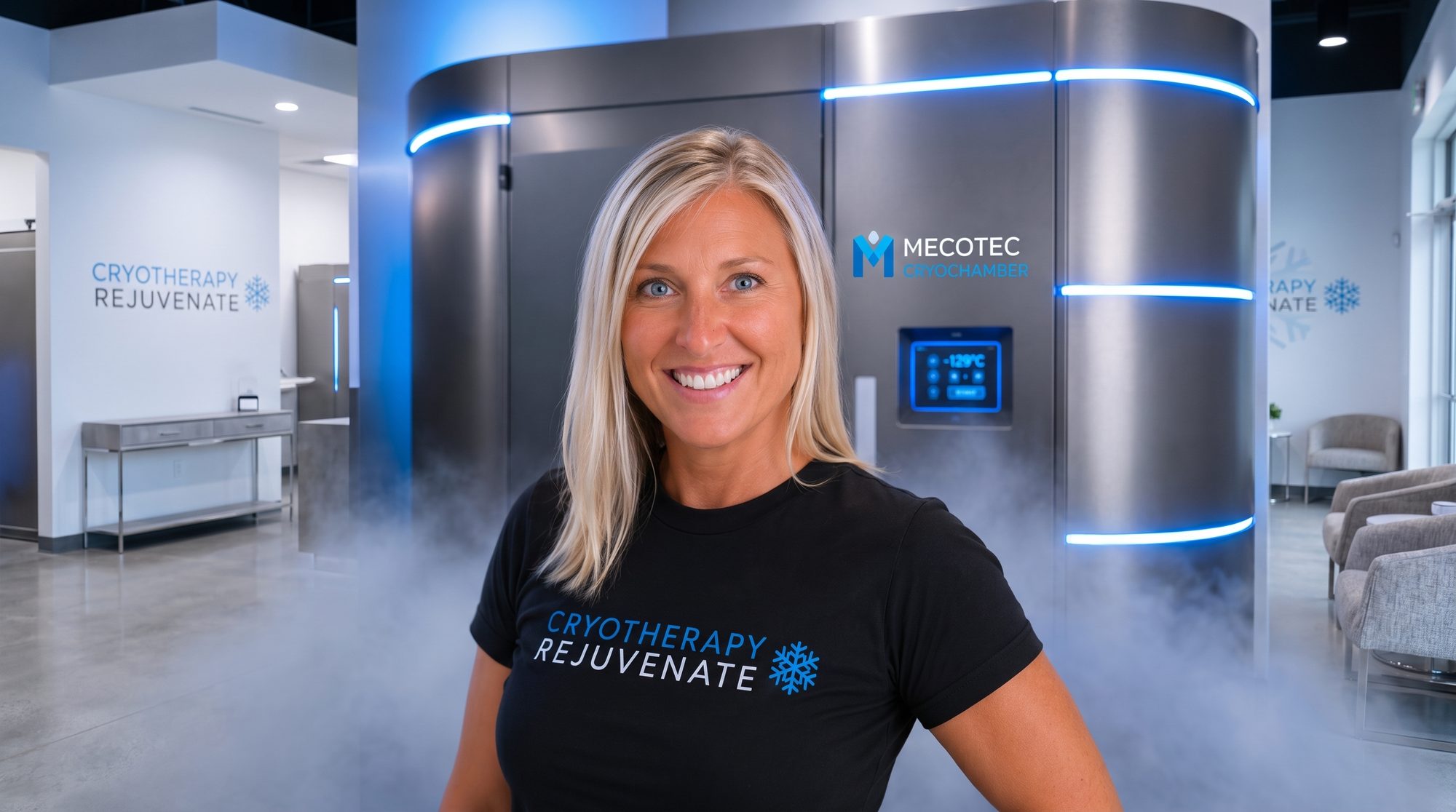 A Cryotherapy Rejuvenate team member in front of the MECOTEC whole-body cryochamber at the Dickson City studio